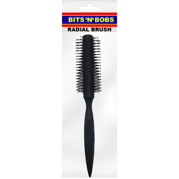 Black radial brush in packaging with 'Bits 'N' Bobbs' branding on a white background