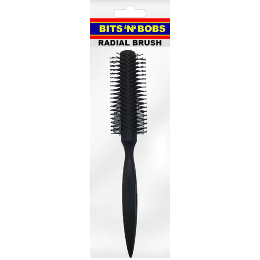 Black radial brush in packaging with 'Bits 'N' Bobbs' branding on a white background