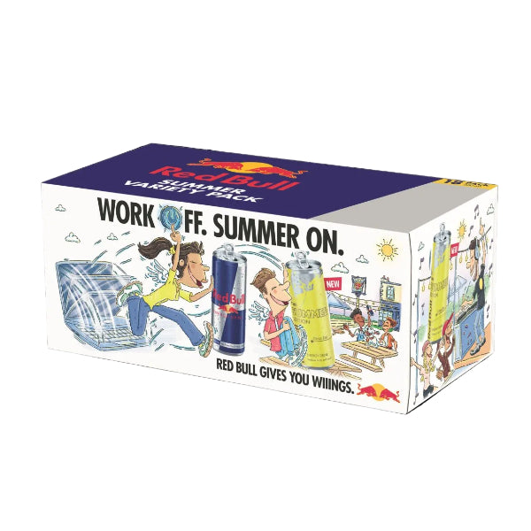 Red Bull summer variety pack box with colorful illustrations and text on a white background